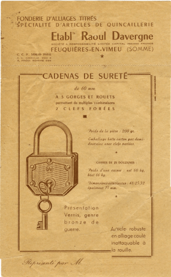 Publicité 1947 de cadenas des Etablissements Raoul Davergne